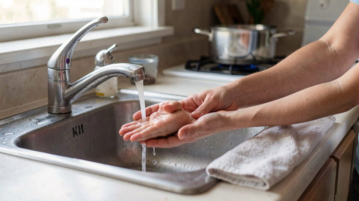 A kitchen sink with the tap running over a small child's hand, an adult's forearm steadying the child's wrist, a folded towel on the counter and a pot pushed to the back burner, soft daylight from a window.