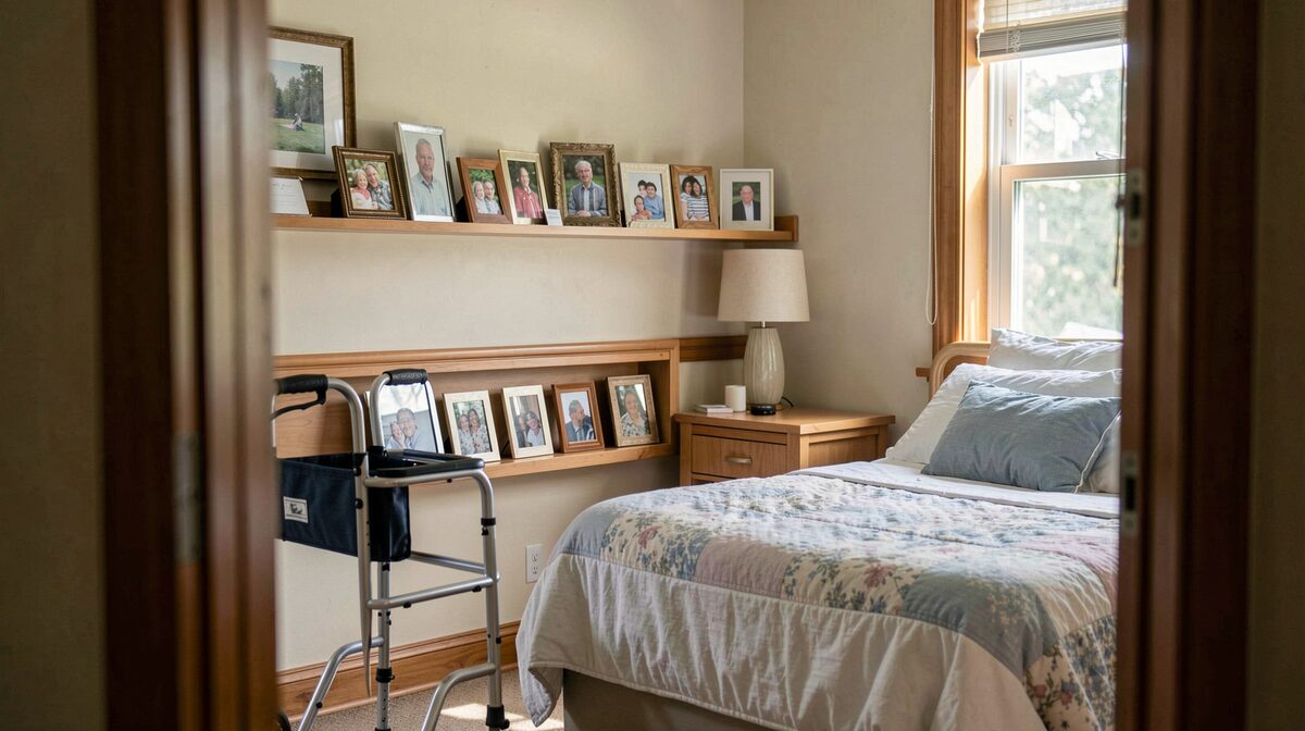 A resident's nursing home room in soft morning light, family photos on the shelf, a walker beside the bed, seen from the doorway.