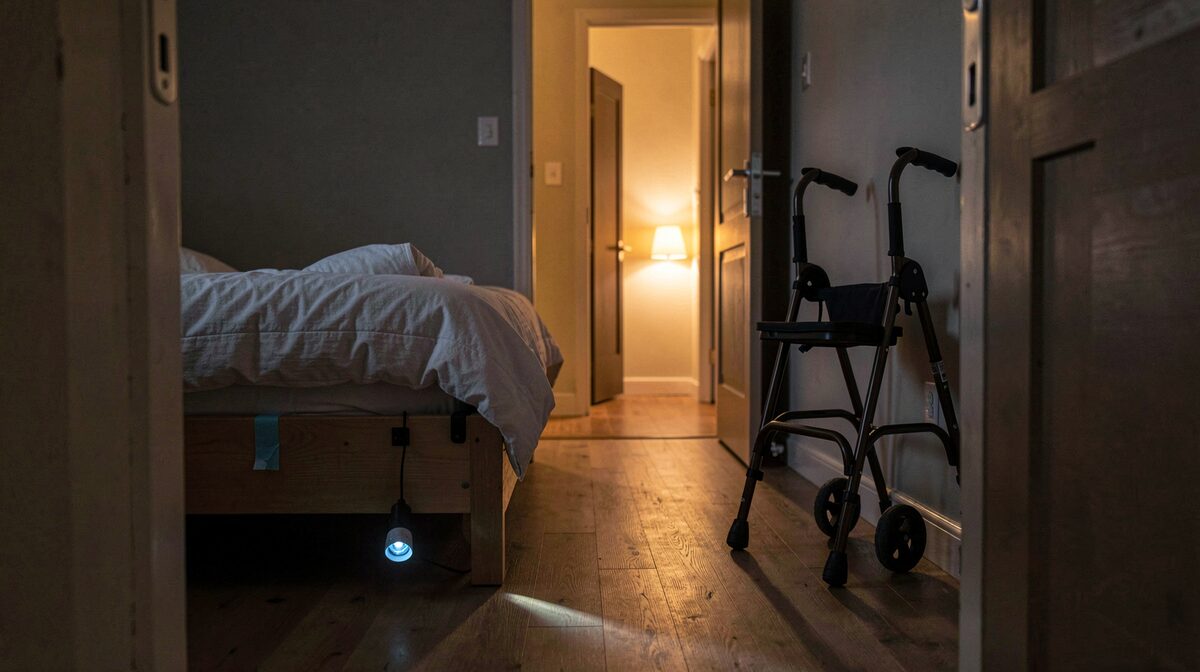 A ground floor bedroom at night, a folded walker beside the bed, a flashlight taped to the frame, a night light glowing in the hallway beyond the open door.